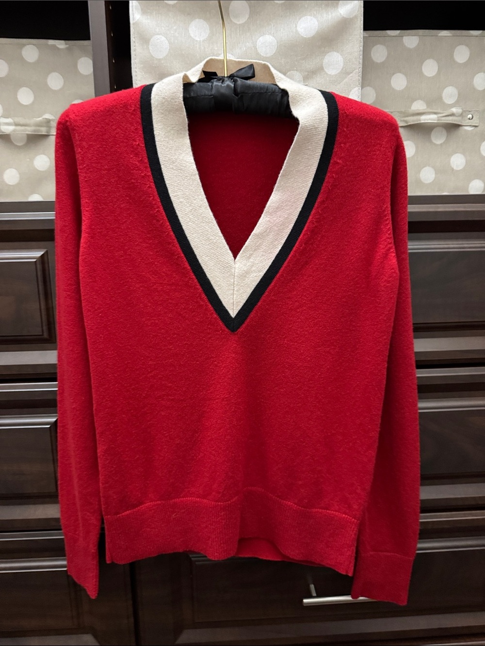 Veronica Beard Red V-Neck Sweater with Cream and Black Trim
